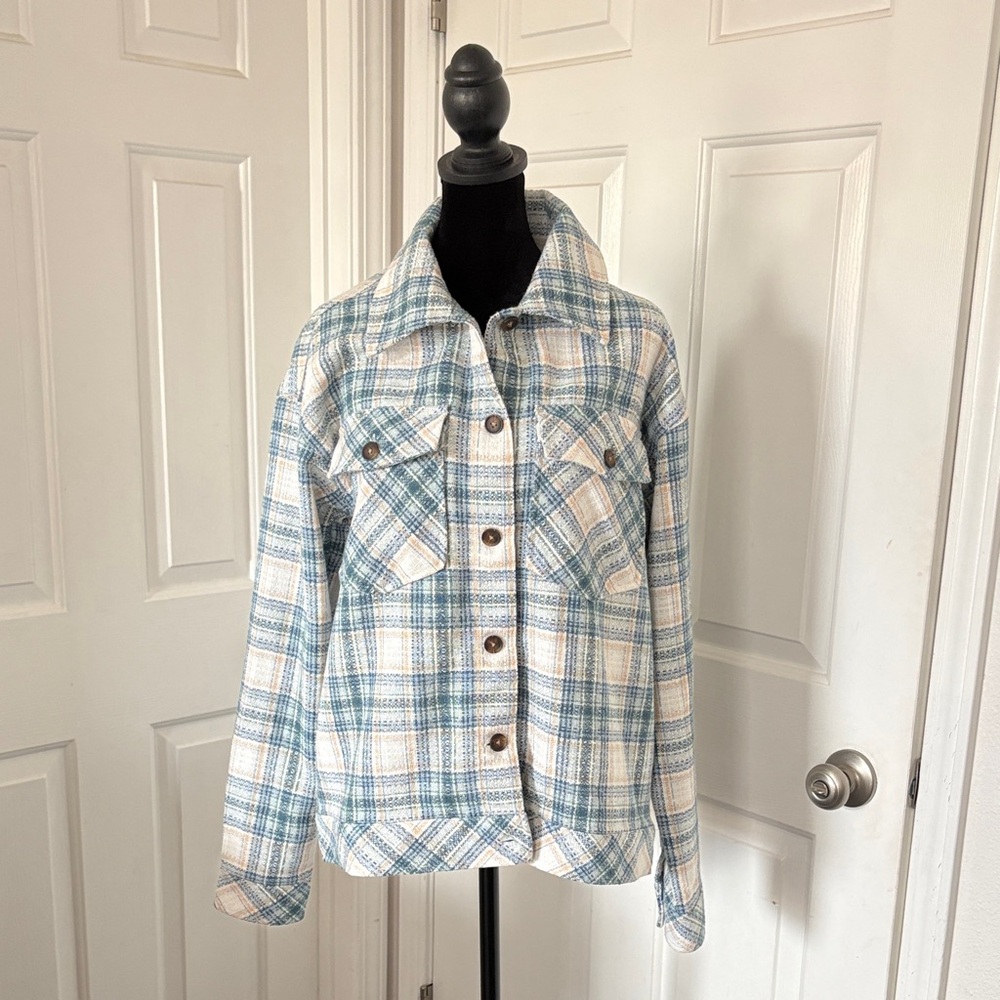 Boston Traders Plaid Women's Shacket - Blue and Cream